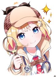Rule 34 | 1girl, black bow, blonde hair, blue eyes, blush, bow, brown coat, brown hat, closed mouth, coat, collared shirt, commentary, cropped torso, deerstalker, eyebrows hidden by hair, hat, highres, hololive, hololive english, long sleeves, looking at viewer, magnifying glass, open clothes, open coat, shirt, simple background, smile, solo, sparkle, stethoscope, tosyeo, upper body, virtual youtuber, watson amelia, white background, white shirt