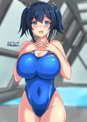 Rule 34 | 1girl, blue eyes, blue hair, blue one-piece swimsuit, blush, breasts, competition swimsuit, covered navel, dated, hair between eyes, hair ribbon, highleg, highleg swimsuit, highres, impossible clothes, impossible swimsuit, indoors, kantai collection, large breasts, looking at viewer, montemasa, one-hour drawing challenge, one-piece swimsuit, pool, rei no pool, ribbon, solo, souryuu (kancolle), swimsuit, twintails, twitter username, water