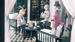 Rule 34 | 3girls, absurdres, angel wings, animal ears, blonde hair, blue archive, blush, checkered floor, cup, dessert, dress, feathered wings, flower, food, hair flower, hair ornament, halo, hidulume, highres, holding, holding saucer, long hair, looking at viewer, mika (blue archive), multiple girls, nagisa (blue archive), on chair, pink hair, saucer, school uniform, seia (blue archive), serafuku, sitting, tea party, tea party (blue archive), teacup, teapot, tiered tray, white dress, white serafuku, white wings, wings