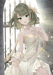 Rule 34 | 1girl, :d, bare arms, bare shoulders, blue eyes, breasts, brown hair, choker, cleavage, collarbone, dress, earrings, green eyes, heterochromia, idolmaster, idolmaster cinderella girls, jewelry, long hair, looking at viewer, medium breasts, mole, mole under eye, open mouth, q-v (levia), short dress, smile, solo, standing, strapless, strapless dress, takagaki kaede, wedding dress, white choker, white dress