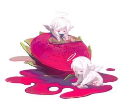 Rule 34 | 2others, albino, androgynous, angel, angel wings, bandaid, chibi, cleaning, commentary request, dragon fruit, food, food on face, halo, harrymiao, highres, juice, long sleeves, multiple others, original, outstretched arms, oversized food, oversized object, pale skin, rag, red eyes, seiza, sidelocks, simple background, sitting, white background, white hair, white wings, wings