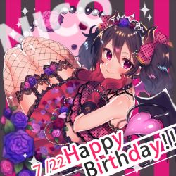 Rule 34 | 10s, 1girl, bad id, bad pixiv id, bare shoulders, beads, black hair, blush, character name, choker, crop top, dated, demon tail, demon wings, earrings, fishnet thighhighs, fishnets, flower, from above, from behind, garter straps, gloves, hair between eyes, hair flower, hair ornament, hands on own cheeks, hands on own face, happy birthday, heart, horns, jewelry, legs together, looking at viewer, looking back, love live!, love live! school idol festival, love live! school idol project, mudi shime, pink flower, pink rose, polka dot, purple eyes, purple flower, purple rose, red gloves, red skirt, rose, skirt, sleeveless, smile, solo, sparkle, striped, striped background, tail, thighhighs, tiara, twintails, vertical stripes, wings, yazawa nico