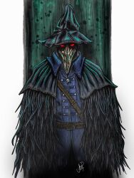 Rule 34 | 1boy, artmanpreston, belt, black cloak, black feathers, black hat, bloodborne, border, chest strap, cloak, coat, eileen the crow, feather-trimmed coat, feathers, green background, hat, highres, long coat, looking at viewer, male focus, mask, no pupils, plague doctor, plague doctor mask, red eyes, solo, white border