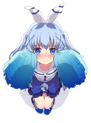 Rule 34 | 1girl, arms up, bad id, bad twitter id, between legs, black skirt, blue eyes, blue hair, blue shirt, blurry, blush, bottle, cheerleader, commentary request, depth of field, foreshortening, from above, frown, full body, gochuumon wa usagi desu ka?, hair ornament, hairclip, hands on own cheeks, hands on own face, kafuu chino, long hair, looking up, ogipote, pom pom (cheerleading), ribbon, shirt, simple background, sitting, skirt, solo, twintails, white background