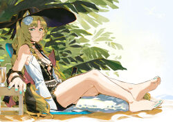 Rule 34 | 1girl, absurdres, animal ears, arknights, barefoot, beach, blonde hair, breasts, cleavage, feet, green eyes, highres, large hat, long hair, looking at viewer, medium breasts, palm tree, parted lips, renxzd, soles, solo, swire (arknights), toes, tree