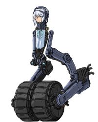 Rule 34 | 1girl, android, blue bow, blue bowtie, blue eyes, bow, bowtie, closed mouth, detached arm, doekuramori, grey hair, looking at viewer, mechanical arms, medium hair, no legs, robot, smile, solo, tagme, the citadel, transparent background, wheel