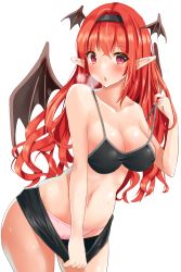 Rule 34 | 1girl, :&lt;, bare arms, bare shoulders, bikini, bikini top only, black bikini, black hairband, black skirt, blush, breasts, breath, cleavage, clothes pull, collarbone, commentary request, cowboy shot, demon wings, fujiko (emnprmn), hair between eyes, hairband, hand up, head wings, highres, koakuma, large breasts, long hair, looking at viewer, microskirt, navel, panties, parted lips, pencil skirt, pink panties, pulling own clothes, red eyes, red hair, sidelocks, simple background, skirt, skirt pull, solo, standing, stomach, strap pull, sweat, swimsuit, thighs, touhou, underwear, very long hair, white background, wings