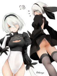 Rule 34 | 1girl, akino shuu, ass, black dress, black hairband, blindfold, blue eyes, breasts, character name, cleavage, cleavage cutout, clothing cutout, commentary request, dress, eyes visible through hair, hair over one eye, hairband, head tilt, leotard, long sleeves, medium breasts, multiple views, nier:automata, nier (series), puffy long sleeves, puffy sleeves, short hair, simple background, twitter username, white background, white hair, white leotard, 2b (nier:automata)