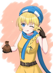 Rule 34 | 1girl, ;q, absurdres, bag, bandana, bare shoulders, belt, black gloves, blonde hair, blue eyes, blue scarf, braid, braided ponytail, fire emblem, fire emblem: genealogy of the holy war, gloves, highres, licking lips, looking at viewer, nintendo, one eye closed, patty (fire emblem), patty ojisan, ponytail, pouch, scarf, shirt, simple background, sleeveless, sleeveless shirt, smile, solo, tongue, tongue out