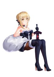 Rule 34 | 1girl, absurdres, artoria pendragon (all), artoria pendragon (fate), black gloves, black pantyhose, blonde hair, boots, christmas, fate/grand order, fate (series), gloves, high heel boots, high heels, highres, pantyhose, ribbon, saber alter, santa alter, santa boots, santa costume, sitting, solo, thigh boots, thighhighs, transparent background, yellow eyes