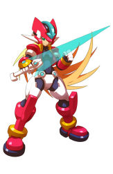 Rule 34 | 1boy, armor, blonde hair, clenched hand, crotch plate, energy sword, forehead jewel, full body, green eyes, helmet, hi-go!, highres, holding, holding sword, holding weapon, jacket, long hair, male focus, mega man (series), mega man zx, model zx (mega man), power armor, red armor, red helmet, red jacket, solo, sword, vent (mega man), weapon