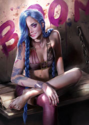 Rule 34 | blue hair, firolian, highres, jinx (league of legends), league of legends, looking at viewer, revealing clothes, smile, tattoo