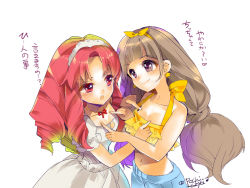 Rule 34 | 2girls, akagi towa, amanogawa kirara, blush, breasts, brown hair, cleavage, dress, edoya pochi, go! princess precure, hair ornament, hairband, happy, looking at another, multiple girls, navel, precure, purple eyes, red eyes, red hair, shirt, short hair, shorts, signature, simple background, small breasts, smile, standing, text focus, translation request, white background, white dress, yellow shirt, yuri
