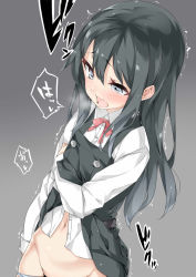 Rule 34 | 10s, 1girl, asashio (kancolle), bad id, bad twitter id, belt, black hair, blue eyes, blue panties, blush, buttons, clothes lift, collared shirt, cowboy shot, dress, dress lift, drooling, ebifurya, eyebrows, gradient background, grey background, groin, hair between eyes, heart, heavy breathing, highres, inactive account, kantai collection, long hair, long sleeves, looking down, navel, neck ribbon, open mouth, out-of-frame censoring, panties, panty pull, pinafore dress, red ribbon, ribbon, saliva, shirt, skirt, skirt lift, sleeveless, sleeveless dress, solo, speech bubble, spoken heart, stomach, torogao, trembling, underwear, white panties, white shirt