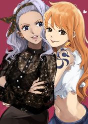 Rule 34 | 2girls, arms around waist, black dress, blue eyes, blue hair, blush, breasts, brown eyes, crossed arms, dress, earrings, fujitachobi, hairband, highres, jewelry, large breasts, long hair, multiple girls, nami (one piece), navel, nojiko, one piece, open mouth, orange hair, shoulder tattoo, siblings, simple background, sisters, smile, tattoo, tongue, tongue out