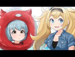 Rule 34 | 2girls, abyssal ship, alternate costume, black border, blonde hair, blue eyes, blue hair, blush, border, breast pocket, brown eyes, closed mouth, empty eyes, enemy lifebuoy (kancolle), food, gambier bay (kancolle), hair ornament, hairband, highres, kantai collection, letterboxed, long hair, mizoki kei, multiple girls, open mouth, pocket, samuel b. roberts (kancolle), shaved ice, short hair, short sleeves, simple background, teeth, twintails, upper body