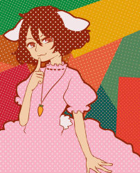Rule 34 | 1girl, :3, animal ears, brown hair, carrot necklace, colorful, eyelashes, finger to mouth, hair between eyes, halftone, inaba tewi, jewelry, looking at viewer, multicolored background, necklace, oota (ikumi1110), pink hair, puffy short sleeves, puffy sleeves, rabbit ears, rabbit girl, rabbit tail, red eyes, short hair, short sleeves, solo, tail, touhou