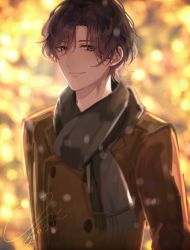Rule 34 | 1boy, black scarf, blue eyes, blurry, blurry background, brown coat, brown hair, coat, dated, hair over one eye, highres, light smile, looking at viewer, male focus, miyase gou, night, outdoors, scarf, solo, stand my heroes, unhtt0, upper body