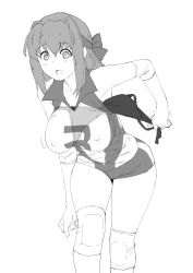 Rule 34 | 1girl, :o, black bra, bra, breasts, character request, clothes pull, covered erect nipples, elbow pads, girls und panzer, greyscale, hair ribbon, highres, holding, holding bra, holding underwear, knee brace, large breasts, leaning forward, monochrome, nipples, onsen tamago (hs egg), removing bra, removing bra under shirt, ribbon, short hair, shorts, solo, sportswear, thighs, underwear, volleyball uniform, wide-eyed