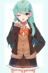 Rule 34 | 1girl, aqua hair, blazer, border, bow, bowtie, brown jacket, brown skirt, brown thighhighs, cardigan, commentary request, cowboy shot, frilled skirt, frills, green border, green eyes, hair ornament, hairclip, highres, jacket, kantai collection, kozu (bloomme1 me), long hair, looking at viewer, one eye closed, orange bow, orange bowtie, pleated skirt, school uniform, skirt, solo, suzuya (kancolle), suzuya kai ni (kancolle), thighhighs, tongue, tongue out, white background