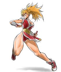 Rule 34 | 1girl, anagumasan, arm guards, blonde hair, breasts, capcom, cleavage, final fight, genryuusai maki, highres, large breasts, muscular, muscular female, pelvic curtain, ponytail, smile, solo, street fighter, tonfa, weapon