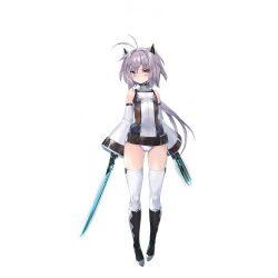 Rule 34 | 1girl, action taimanin, full body, gloves, grey hair, heterochromia, highres, horns, huna (action taimanin), igawa sakuya, lilith-soft, official art, red eyes, serious, short hair, simple background, solo, sword, tail, taimanin (series), taimanin rpgx, weapon