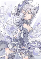 Rule 34 | 1girl, armor, armored leotard, breasts, cleavage, demon girl, demon horns, demon wings, duel monster, gauntlets, grey eyes, grey hair, hair between eyes, highres, holding, holding sword, holding weapon, horns, lady labrynth of the silver castle, large breasts, looking at viewer, lovely labrynth of the silver castle, low wings, nut megu, pointy ears, solo, sword, transparent wings, twintails, weapon, wings, yu-gi-oh!