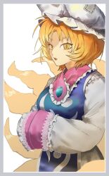Rule 34 | 1girl, animal ears, blonde hair, blue tabard, dress, fox ears, fox tail, hands in opposite sleeves, hat, highres, long sleeves, mob cap, multiple tails, short hair, solo, tabard, tail, touhou, white background, white dress, white hat, wide sleeves, yakumo ran, yellow eyes, zeikomi