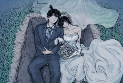 Rule 34 | 1boy, 1girl, bare shoulders, blue eyes, bouquet, bridal veil, chainsaw man, collared shirt, dress, eyepatch, flower, formal, gloves, haevaf, hayakawa aki, highres, himeno (chainsaw man), husband and wife, locked arms, necktie, open grave, shirt, sitting, suit, tombstone, topknot, veil, wedding dress, white dress, white gloves