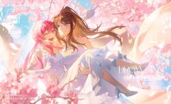 Rule 34 | 2girls, alternate hairstyle, arm up, bang dream!, bang dream! it&#039;s mygo!!!!!, blue eyes, breasts, bridal veil, brown hair, cang (akaga204), carrying, carrying person, cherry blossoms, chihaya anon, chinese commentary, commentary request, dress, elbow gloves, female focus, gloves, grey eyes, high heels, highres, long hair, medium breasts, multiple girls, nagasaki soyo, one eye closed, open mouth, pink hair, ponytail, sidelocks, sleeveless, sleeveless dress, strapless, strapless dress, teeth, translation request, upper teeth only, v, veil, wedding dress, white dress, white footwear, white gloves, wife and wife