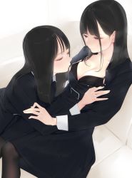 Rule 34 | 2girls, ama mitsuki, assisted exposure, belt buckle, black bra, black hair, black shirt, blunt bangs, blush, bra, breasts, brown eyes, brown legwear, buckle, cleavage, closed mouth, collarbone, commentary request, couch, half-closed eyes, long hair, long sleeves, looking at another, medium breasts, medium skirt, multiple girls, on couch, original, pantyhose, shirt, sitting, skirt, smile, steaming body, unbuttoned, unbuttoned shirt, underwear, white background, yuri