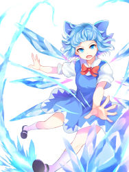 Rule 34 | 1girl, black footwear, blue bow, blue eyes, blue hair, bow, bowtie, cirno, dress, fang, hair bow, highres, ice, ice wings, looking at viewer, mary janes, nagomian, open mouth, red bow, shoes, short hair, short sleeves, socks, solo, touhou, white background, white socks, wings