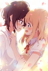 Rule 34 | 10s, 2girls, :d, asagao to kase-san, blonde hair, brown eyes, brown hair, cherry blossoms, commentary request, eye contact, face-to-face, hands on another&#039;s chest, highres, holding another&#039;s arm, ichijo rei, kase tomoka, long hair, looking at another, multiple girls, noses touching, open mouth, petals, red neckwear, ribbon, round teeth, school uniform, shirt, short hair, short sleeves, smile, sweater vest, teeth, upper body, upper teeth only, white shirt, yamada yui, yuri