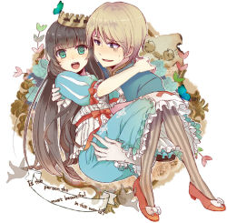 Rule 34 | 1boy, 1girl, beroperone, black hair, blonde hair, blue eyes, bow, bug, butterfly, carrying, couple, crown, dress, gloves, green eyes, hetero, insect, long hair, maerchen (album), open mouth, pantyhose, princess carry, red footwear, schneewittchen, shoes, short hair, smile, sound horizon, striped clothes, striped legwear, striped pantyhose, tettere, vertical-striped clothes, vertical-striped pantyhose, white gloves