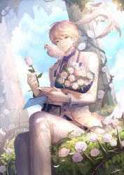 Rule 34 | 1boy, animal, animal on shoulder, arthur pendragon (fate), arthur pendragon (white rose) (fate), belt buckle, between fingers, bird, bird on shoulder, blonde hair, blue neckwear, blue sky, bouquet, buckle, building, column, day, dutch angle, fate/grand order, fate (series), feet out of frame, flower, formal, green eyes, highres, holding, holding flower, holding letter, jacket, leaf, letter, light rays, long sleeves, looking at viewer, male focus, necktie, open clothes, open jacket, pants, pillar, plant, revision, rose, seiza, signature, sitting, sky, smile, sunbeam, sunlight, tenyo0819, thorns, vines, white flower, white jacket, white pants, white rose