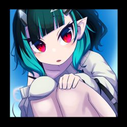 Rule 34 | 1girl, black border, black hair, blue hair, blunt bangs, blush, border, commentary request, demon horns, fang, feet out of frame, grey sweater, hands on own knees, highres, horns, looking at viewer, medium hair, multicolored hair, nanashi inc., nirato shungiku, off-shoulder sweater, off shoulder, official alternate costume, open mouth, pointy ears, red eyes, shishio chris, shishio chris (2nd costume), sleeves past fingers, sleeves past wrists, solo, squatting, sugar lyric, sweater, two-tone hair, virtual youtuber