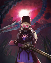 Rule 34 | 1girl, blonde hair, breasts, code vein, commentary request, fur hat, gloves, gun, hair between eyes, hat, highres, holding, holding gun, holding weapon, long coat, long hair, long sleeves, looking at viewer, mask, mia karnstein, mouth mask, outdoors, papakha, pink gloves, pinsket, red eyes, rifle, small breasts, solo, tail, weapon
