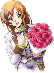 Rule 34 | 1girl, artist request, blue gemstone, blush, bouquet, bowtie, breasts, brooch, brown bow, brown bowtie, buttons, clenched hand, code geass, code geass: lost stories, collared shirt, cowboy shot, cropped legs, crossdressing, dutch angle, female focus, flower, formal, frilled jacket, frilled sleeves, frills, game cg, gem, green eyes, green shirt, groom, hand on own chest, hands up, happy, holding, holding bouquet, jacket, jewelry, light blush, long hair, long sleeves, looking at viewer, medium breasts, non-web source, official art, open clothes, open jacket, open mouth, orange hair, pants, red flower, red rose, rose, shirley fenette, shirt, sidelocks, simple background, smile, solo, standing, straight-on, transparent background, vest, white jacket, white pants, white vest