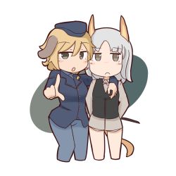 Rule 34 | 10s, 2girls, animal ears, arm around neck, arms behind back, blonde hair, blush stickers, brave witches, chibi, dog ears, edytha rossmann, erua, fox ears, fox tail, grey eyes, grey hair, hat, honda takashi (enorea), jacket, jitome, looking at viewer, military, military uniform, multiple girls, open mouth, pantyhose, pointing, short hair, strike witches, tail, uniform, vest, waltrud krupinski, white background, world witches series