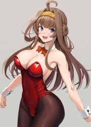 Rule 34 | 1girl, ahoge, bare shoulders, black pantyhose, blush, breasts, brown hair, cleavage, collarbone, detached collar, double bun, grey background, hair bun, hairband, highres, ichikawa feesu, kantai collection, kongou (kancolle), large breasts, leotard, long hair, open mouth, pantyhose, red leotard, smile, solo, strapless, strapless leotard, wrist cuffs
