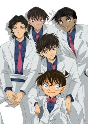 5boys artist_name black_hair blue_shirt bow bowtie collared_shirt dark-skinned_male dark_skin edogawa_conan formal_clothes glasses hattori_heiji highres iori_muga jacket kuroba_kaito long_hair looking_at_viewer male_focus meitantei_conan multiple_boys necktie okita_soushi_(meitantei_conan) pants paseri_(l7dgtxtsnlmfwlb) pink_bow pink_bowtie pink_necktie shirt short_ponytail simple_background suit white_background white_jacket white_pants white_suit