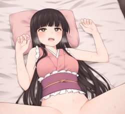 Rule 34 | 1girl, bare arms, bare shoulders, black hair, blunt bangs, blush, borrowed design, bottomless, brown eyes, commentary, frills, heart, heart-shaped pupils, heavy breathing, highres, hime cut, houraisan kaguya, implied sex, long hair, lying, miyo (ranthath), obi, on back, open mouth, out-of-frame censoring, pillow, sash, solo, spread legs, sweat, symbol-shaped pupils, thighs, touhou, touhou tag dream, very long hair