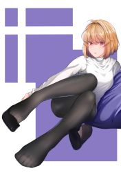 Rule 34 | 1girl, :o, absurdres, ahoge, arcueid brunestud, bad id, bad pixiv id, black footwear, black pantyhose, blonde hair, bob cut, breasts, feet, hair intakes, hanahashi bagara, highres, knees together feet apart, knees up, leaning to the side, looking at viewer, no pants, outside border, pantyhose, pillow, red eyes, removing shoes, unworn shoe, shoes, unworn shoes, short hair, sitting, solo, sweater, thighband pantyhose, tsukihime, turtleneck, turtleneck sweater, white sweater