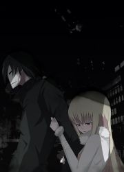 Rule 34 | 00s, 1boy, 1girl, amber (darker than black), black hair, blonde hair, city lights, clothes grab, cold, darker than black, fur collar, fur trim, hei (darker than black), height difference, highres, long hair, long sleeves, mask, outdoors, red eyes, rescue, sweater, very long hair, yoshioka yoshiko