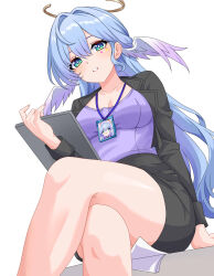 1girl alternate_costume aqua_eyes bare_legs black_jacket black_skirt blue_hair breasts cleavage collarbone commentary crossed_legs facial_mark feet_out_of_frame hair_intakes head_wings highres holding honkai:_star_rail honkai_(series) jacket lanyard long_hair long_sleeves looking_at_viewer maxwelzy purple_shirt robin_(honkai:_star_rail) shirt simple_background sitting skirt solo thighs very_long_hair white_background wings