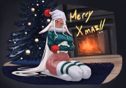 1girl animal_ears arms_under_breasts beanie boku_no_hero_academia breasts christmas_tree commentary dark-skinned_female dark_skin fireplace floppy_ears fur_collar gabriel_carrasquillo gloves green_sweater hat high-waist_shorts holding horizontal-striped_thighhighs indoors kneeling large_breasts long_eyelashes long_hair looking_at_viewer merry_christmas mirko navel parted_bangs pink_shorts pom_pom_(clothes) pom_pom_beanie rabbit_ears rabbit_girl red_eyes red_gloves shorts smile snowflake_print solo sweater symbol-only_commentary thick_thighs thighhighs thighs very_long_hair white_hair white_hat