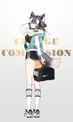 Rule 34 | 10s, 1girl, alternate costume, animal ears, arm up, bag, blue eyes, breasts, choker, chungu, cleavage, dolphin shorts, english text, full body, gradient hair, grey hair, grey wolf (kemono friends), heterochromia, hood, hoodie, jacket, kemono friends, kneehighs, large breasts, legs, long hair, long sleeves, looking at viewer, looking back, multicolored hair, nike (company), shoes, short shorts, shorts, simple background, sneakers, socks, solo, sports bra, sportswear, standing, tail, text background, text focus, track jacket, two-tone hair, white background, white hair, wolf ears, wolf tail, yellow eyes