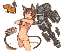 Rule 34 | 1girl, android, animal ears, armored core, armored core: for answer, armored core 4, bikini, bikini bottom only, blue eyes, breasts, brown hair, cable, cable tail, cat ears, clothes lift, collar, cropped legs, long hair, lowleg, lowleg panties, mecha musume, mechanical tail, nancou (nankou), navel, open mouth, orange panties, original, panties, revealing clothes, shirt lift, solo, swimsuit, tail, underboob, underwear, usb
