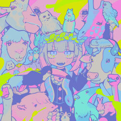 Rule 34 | 1girl, alpaca, animal, animal on arm, animal on head, anteater, bearded dragon, bird, bird on arm, bird on head, black choker, black shirt, black skirt, black sleeves, blunt bangs, blush stickers, cat, character request, choker, colored tips, commentary request, copyright request, cow, cowboy shot, cross, cross choker, double-parted bangs, ear piercing, eyelashes, fangs, frilled shirt, frills, goose, green background, hamster, head wreath, highres, leaf, long sleeves, looking at viewer, medium hair, multicolored hair, on head, open mouth, ostrich, outstretched arm, owl, parrot, pastel colors, piercing, pink background, pink hair, pink nails, purple eyes, rabbit, shirt, single bare arm, single sleeve, skirt, skirt set, smile, snake, solo, squirrel, straight-on, teeth, terada tera, toucan, two-tone background, upper teeth only, white hair