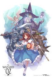 Rule 34 | 2girls, 3boys, axe, bare shoulders, blue hair, blue skin, blue skirt, breasts, brown eyes, brown hair, cleavage, colored skin, copyright name, detached sleeves, fork, frilled skirt, frills, glowing, glowing eyes, hat, highres, large breasts, lion, long skirt, low twintails, mecha, multiple boys, multiple girls, open mouth, original, ribbon, robot, shoes, skirt, sunglasses, the wizard of oz, twintails, weapon, wings, witch, witch hat, yellowpaint.